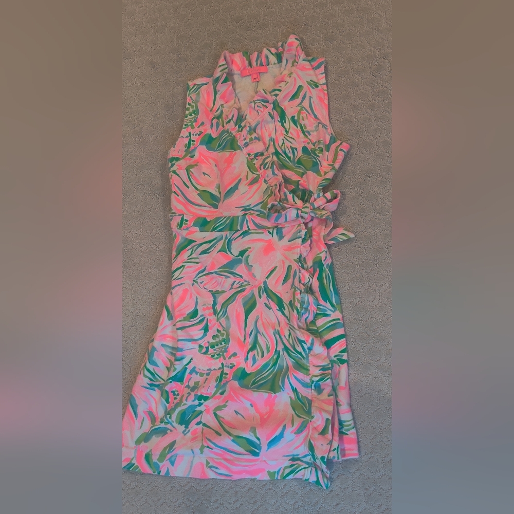Lilly Pulitzer Pink and Green Ruffle Floral Wrap Dress Size M - Picture 4 of 13